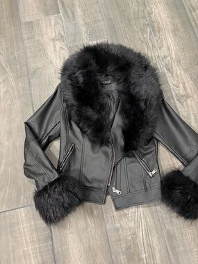 AKIRA Black Faux Leather Jacket with Plush Fur Collar and Cuffs -